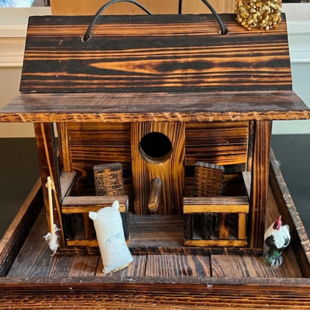 Solid Wood Hand Made Bird House / Cabin with wrap around porch 13" x 13" x 12"